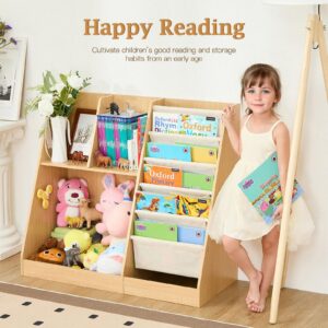 LEZASTAR Kids Bookshelf and Toy Storage, Kids Wooden Bookshelf with Layer Sling Bookcase, Sling Book Shelf and Toy Storage for for Playroom, Kids Room, Classroom, Nursery (Natural)