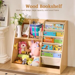 LEZASTAR Kids Bookshelf and Toy Storage, Kids Wooden Bookshelf with Layer Sling Bookcase, Sling Book Shelf and Toy Storage for for Playroom, Kids Room, Classroom, Nursery (Natural)