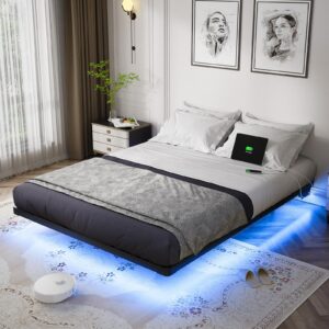 olevs floating bed frame queen size with smart led lights and charging station - modern metal platform bed, easy assembly no box spring needed