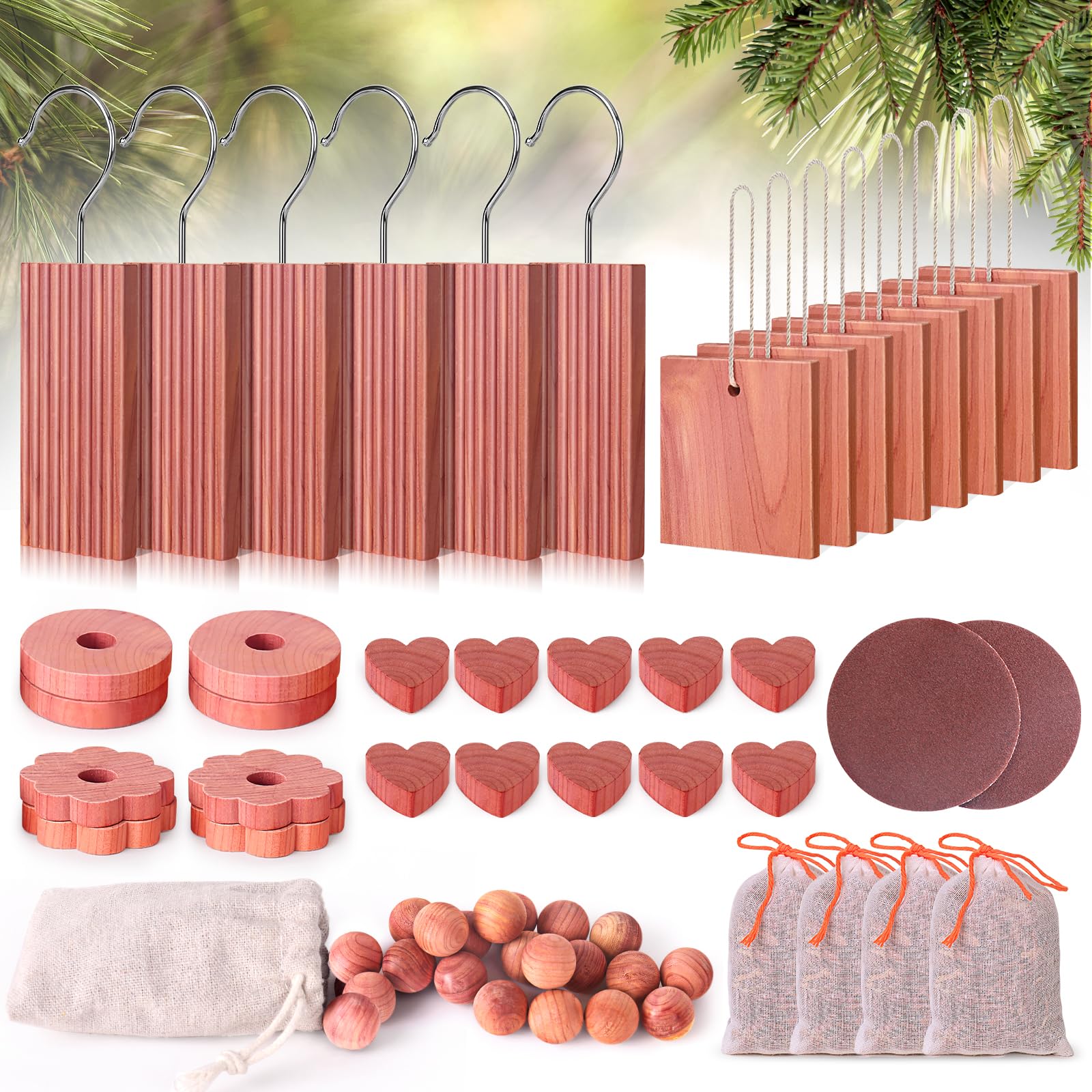 Cedar Blocks for Clothes Storage 56 Pcs, Cedar Planks with Metal Hooks, Cedar Rings and Balls, Cedar Scented Sachets, for Closets, Drawers, Bookshelves and Shoes Protection