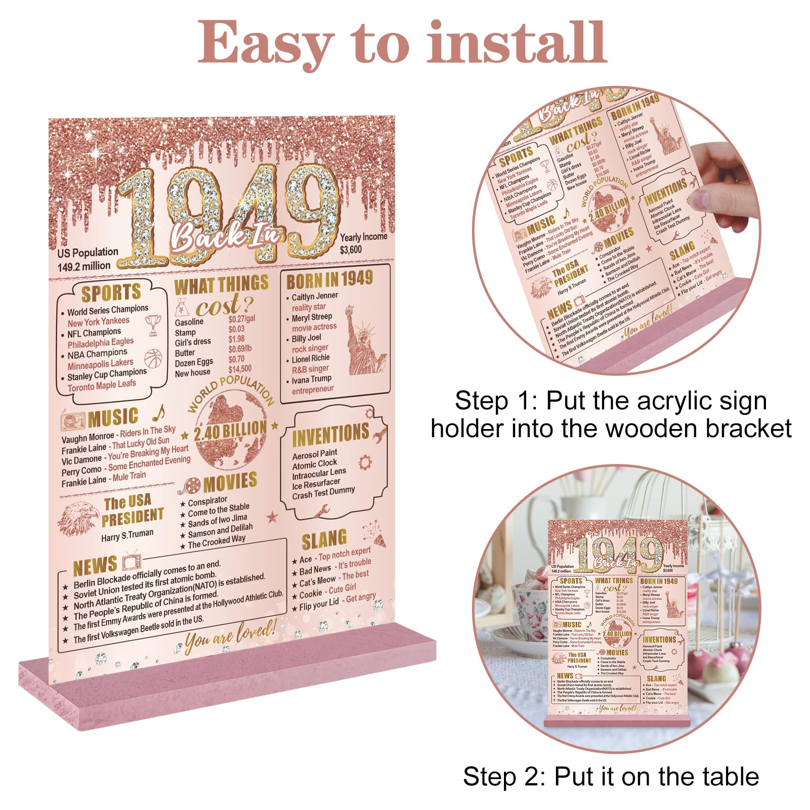 Bumqviy Happy 75th Birthday Decorations Back in 1949 Table Sign for Women, Pink Rose Gold 75 & Fabulous Birthday Two-Sided Wooden Poster with Stand, 75 Year Old Birthday Gift Party Supplies