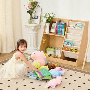 LEZASTAR Kids Bookshelf and Toy Storage, Kids Wooden Bookshelf with Layer Sling Bookcase, Sling Book Shelf and Toy Storage for for Playroom, Kids Room, Classroom, Nursery (Natural)