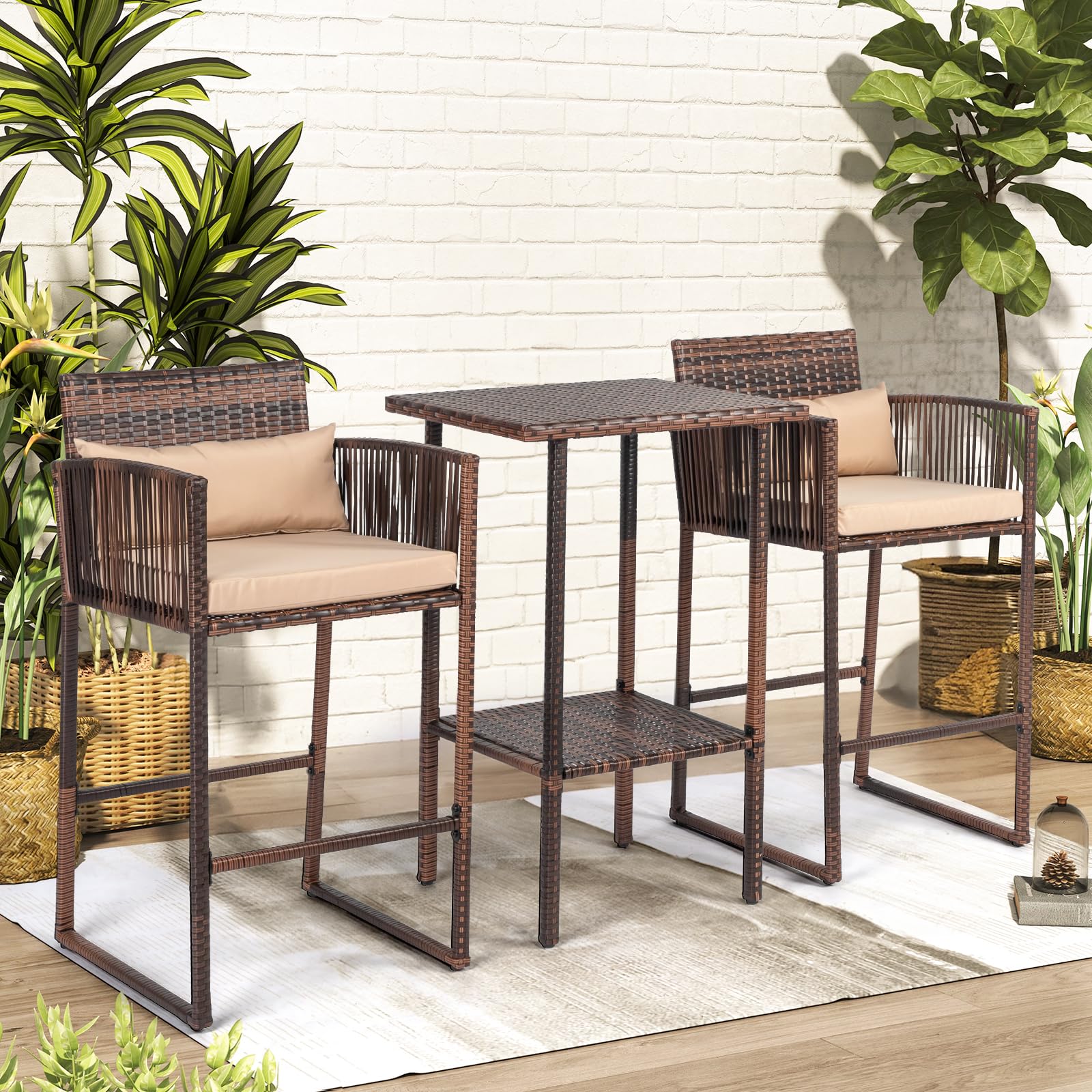 Outvita 3-Piece Outdoor Bar Height Chairs, Rattan High Top Patio Table and Chairs Front Porch Wicker Weaving Furniture Set for Deck Backyard Garden Poolside, Brown