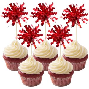 gyufise 20pcs foil firework cupcake toppers sparkle tinsel cake toppers tinsel drink cake decoration cocktail picks for birthday wedding graduation party supplies red