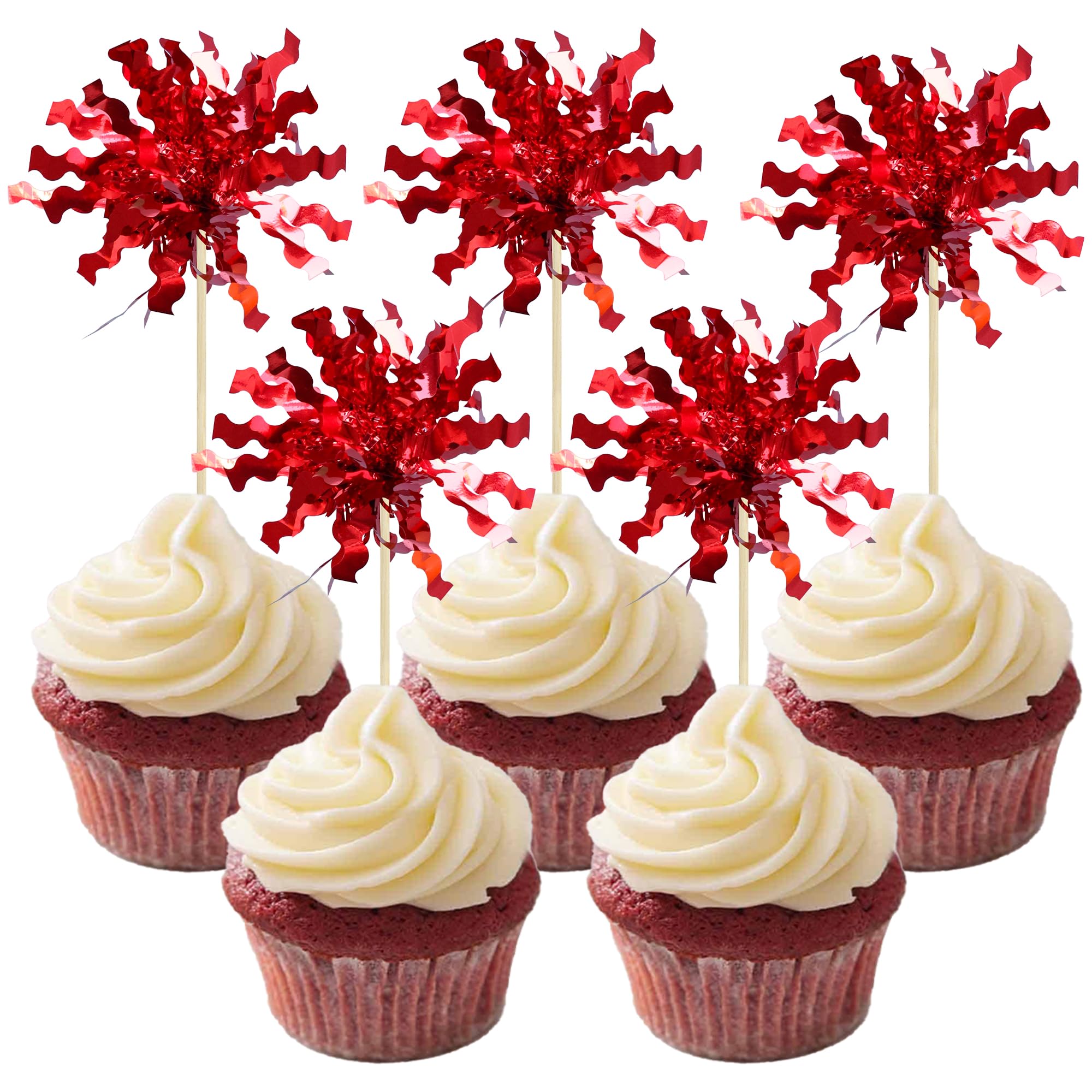 Gyufise 20Pcs Foil Firework Cupcake Toppers Sparkle Tinsel Cake Toppers Tinsel Drink Cake Decoration Cocktail Picks for Birthday Wedding Graduation Party Supplies Red