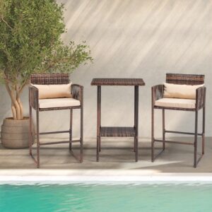 Outvita 3-Piece Outdoor Bar Height Chairs, Rattan High Top Patio Table and Chairs Front Porch Wicker Weaving Furniture Set for Deck Backyard Garden Poolside, Brown