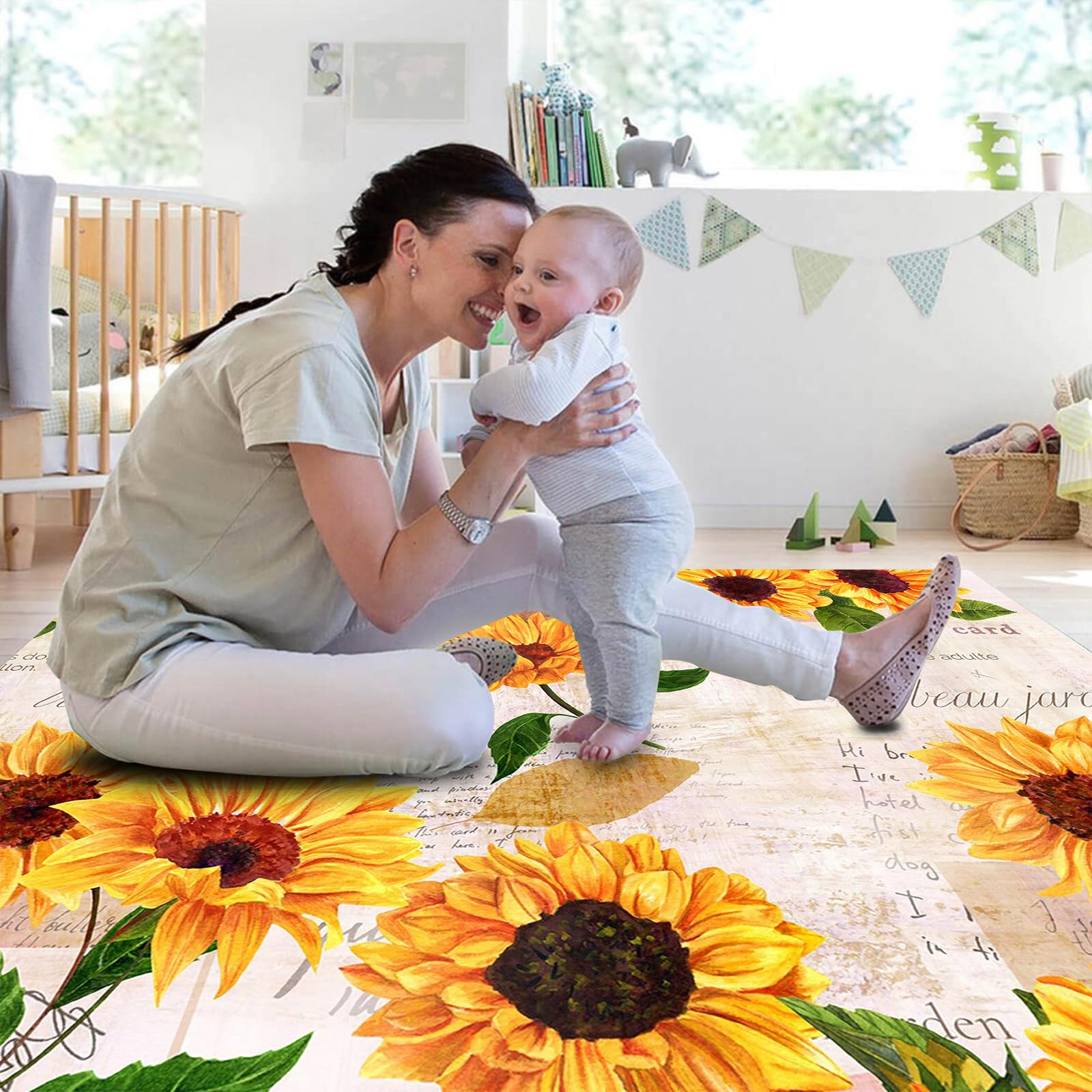 Sunflower Rug 5' x 7' Large Oil Painting Artwork Rugs for Living Room Bedroom, Non Slip Washable Low-Pile Soft Indoor Floor Throw Carpet for Apartment Bathroom Dining Room