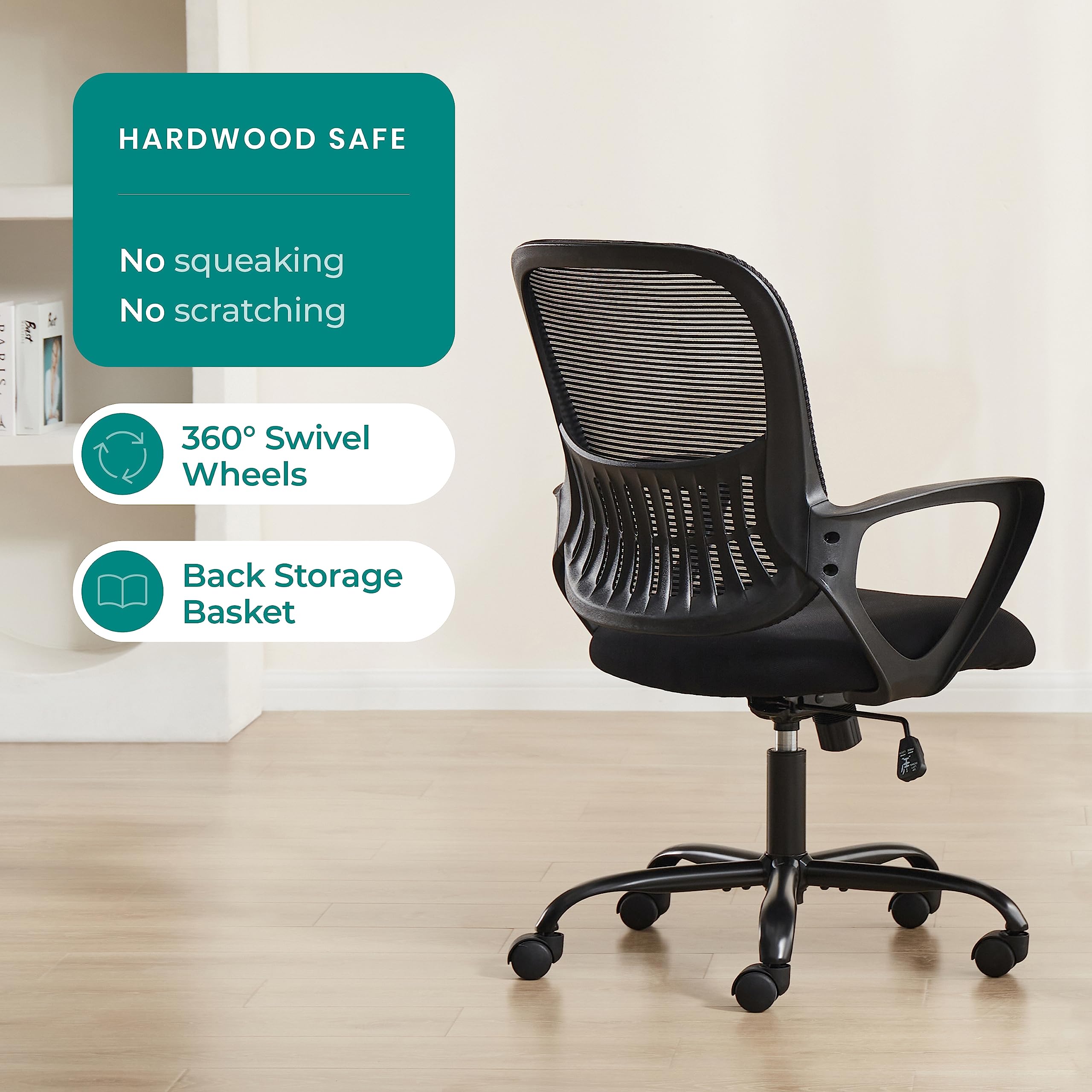 Smug Office Computer Desk Chair, Ergonomic Mid-Back Mesh Rolling Work Swivel Task Chairs with Wheels, Comfortable Lumbar Support, Comfy Arms for Home, Bedroom, Study, Dorm, Student, Adults