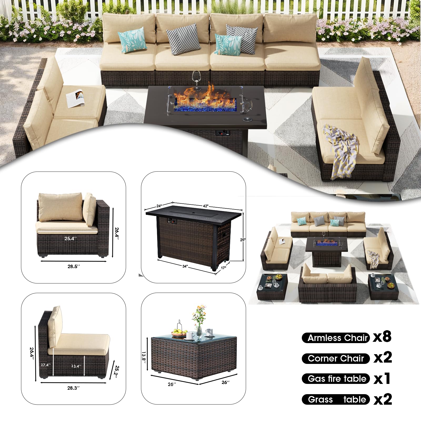 Outdoor Patio Furniture Set with Fire Pit Table, 13 Pieces Outdoor Furniture Set Patio Sectional Sofa w/42in Propane Fire Pit, PE Wicker Rattan Patio Conversation Sets - Beige