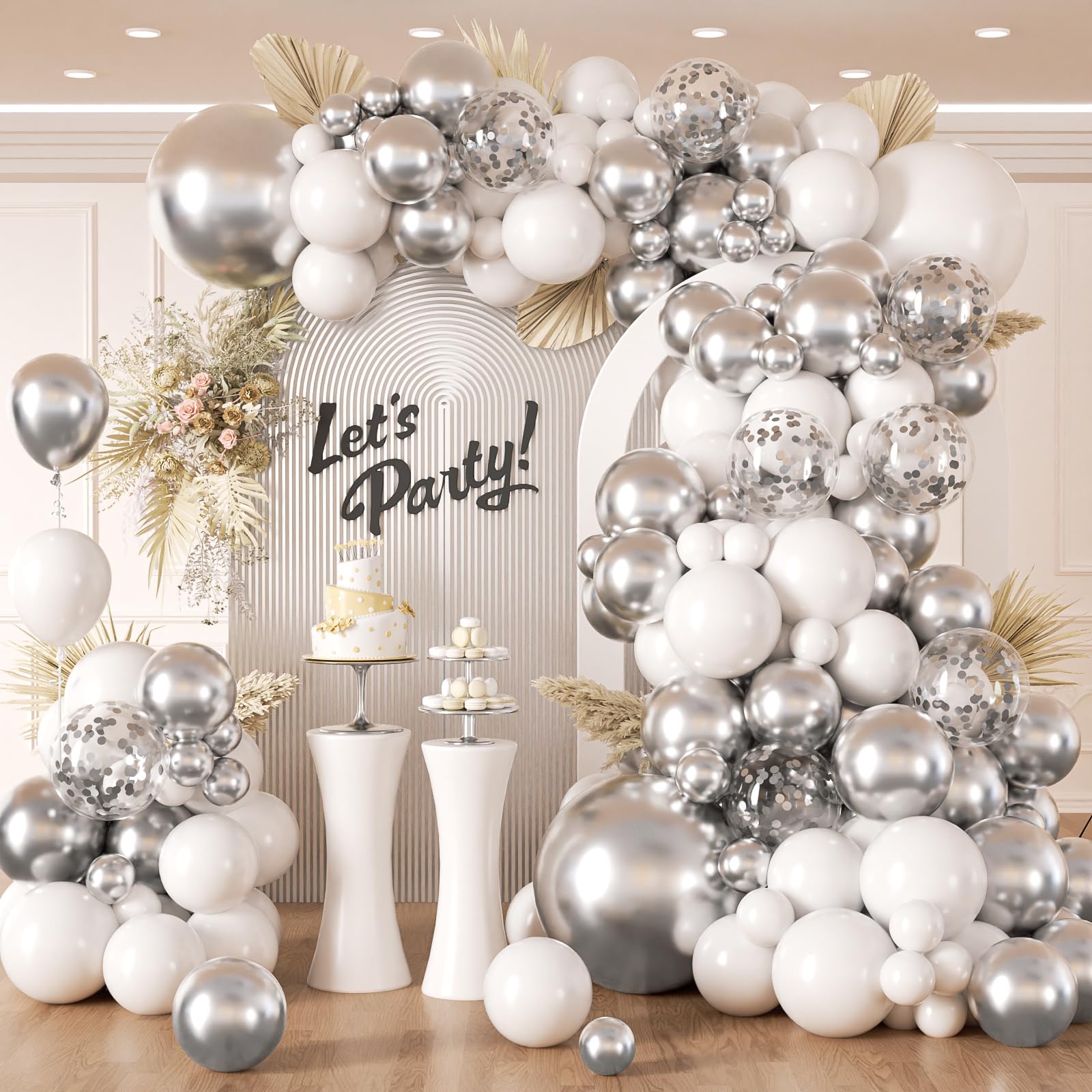 132pcs Silver and White Balloon Arch Kit, Metallic Silver and White Balloons Different Sizes of 18 12 10 Inch Balloons for Wedding Anniversary Baby Shower Graduation Birthday Party Decoration