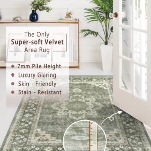 Poeti Washable Rug, Ultra Thin 4x6 Rug - Non Slip Carpet - Small Area Rugs for Living Room Entryway Rug - Vintage Floral Rug, Green Rug