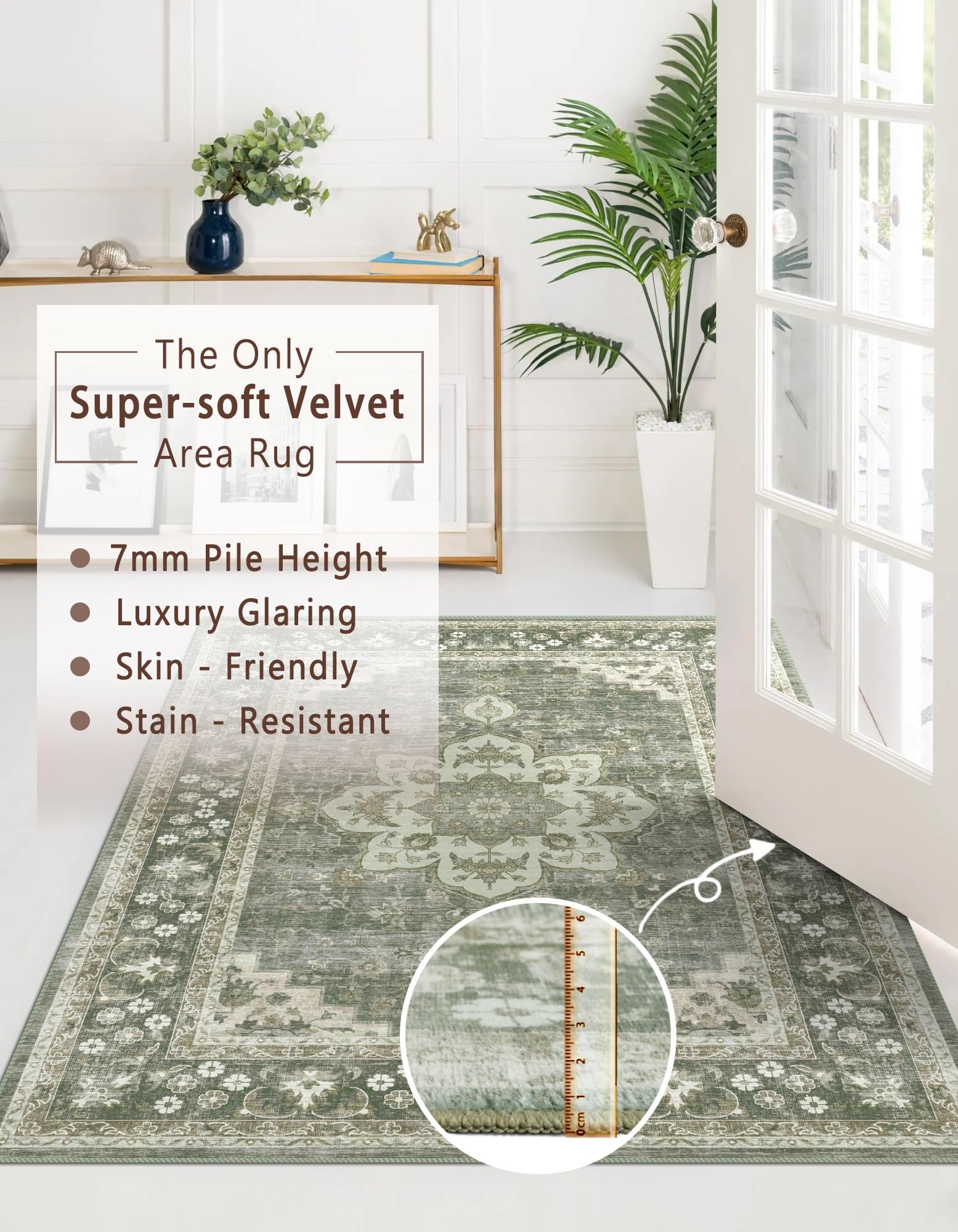 Poeti Washable Rug, Ultra Thin 4x6 Rug - Non Slip Carpet - Small Area Rugs for Living Room Entryway Rug - Vintage Floral Rug, Green Rug