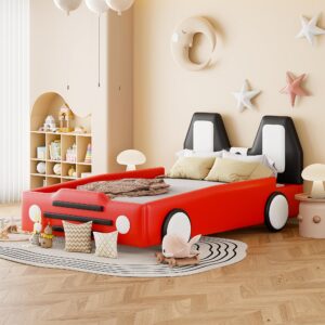 harper & bright designs twin size race car-shaped platform bed with wheels, faux leather upholstered twin bed frame for kids boys girls, no box spring needed, red