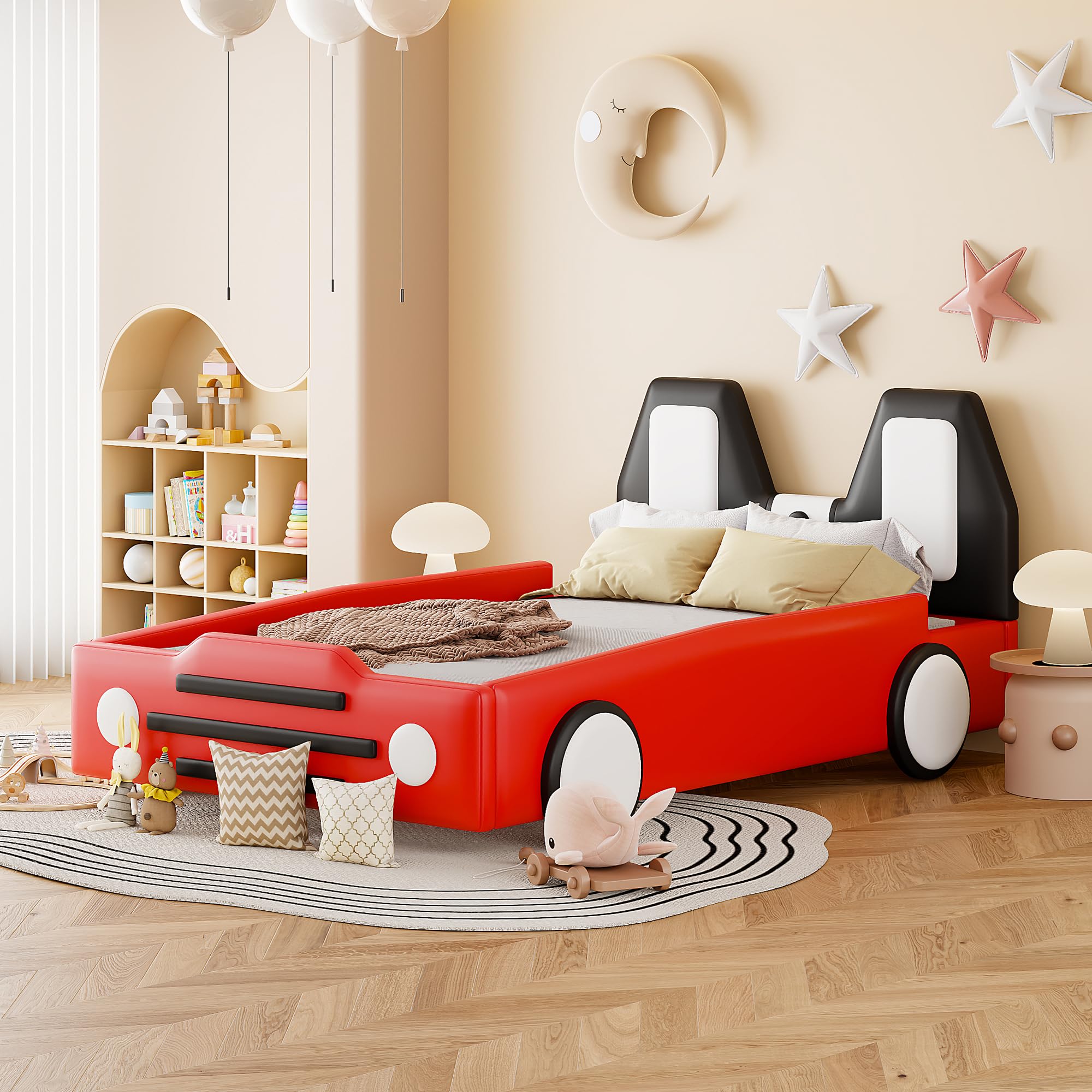 Harper & Bright Designs Twin Size Race Car-Shaped Platform Bed with Wheels, Faux Leather Upholstered Twin Bed Frame for Kids Boys Girls, No Box Spring Needed, Red