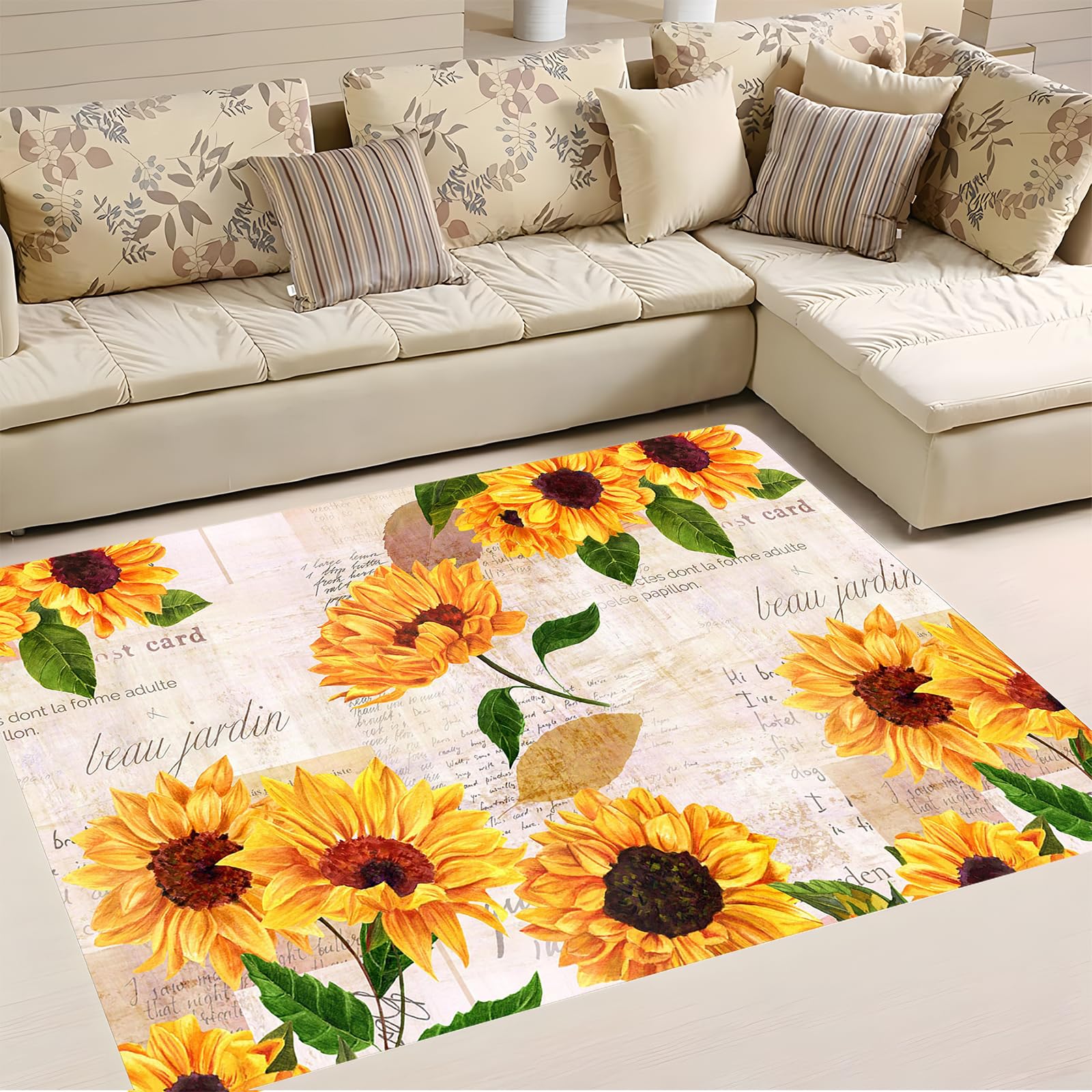 Sunflower Rug 5' x 7' Large Oil Painting Artwork Rugs for Living Room Bedroom, Non Slip Washable Low-Pile Soft Indoor Floor Throw Carpet for Apartment Bathroom Dining Room