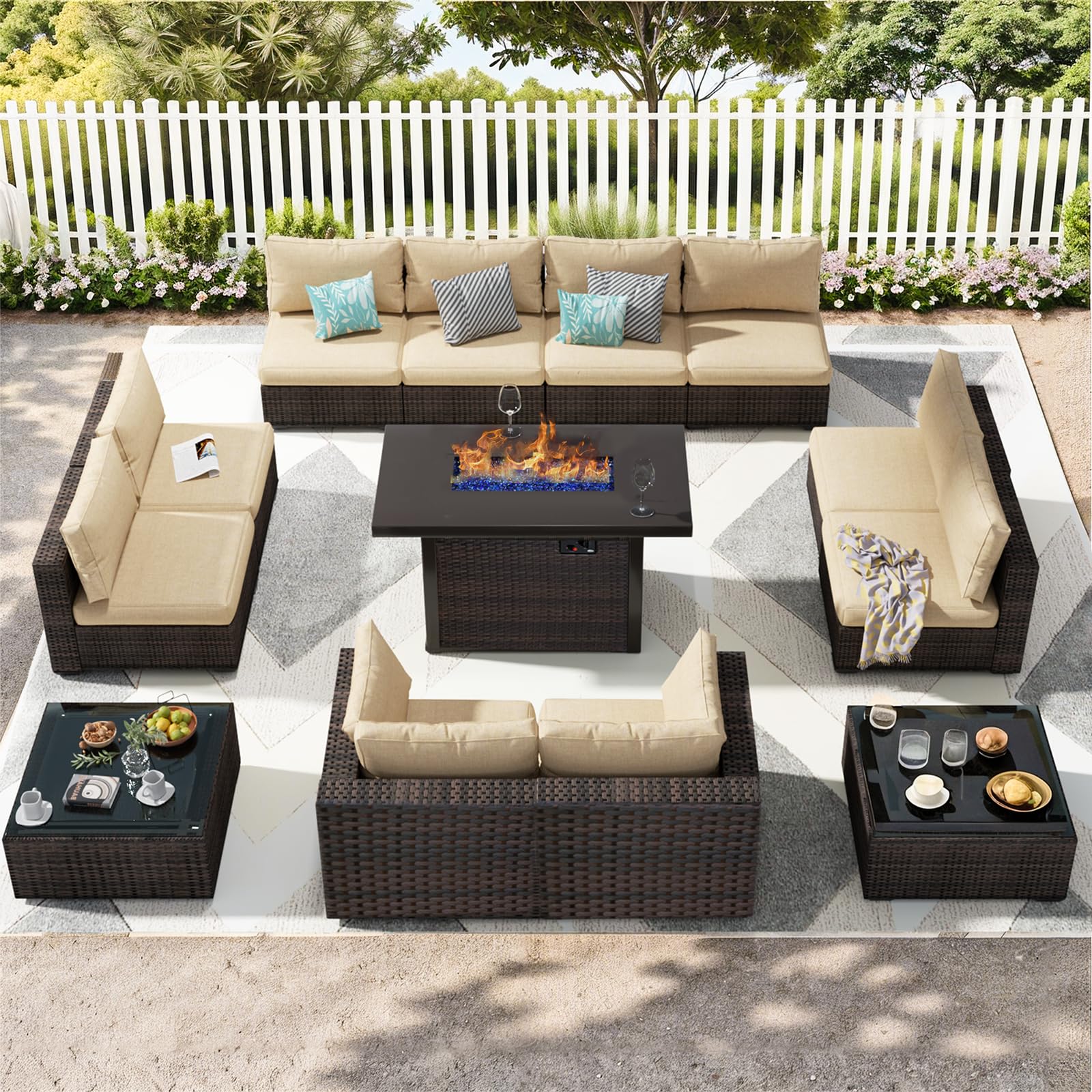 Outdoor Patio Furniture Set with Fire Pit Table, 13 Pieces Outdoor Furniture Set Patio Sectional Sofa w/42in Propane Fire Pit, PE Wicker Rattan Patio Conversation Sets - Beige