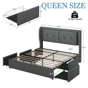 HUAHUU Queen Bed Frame with Storage Drawers, Upholstered LED Bed Frame Queen Size with Wingback Headboard, Platform Bed Frame with Storage, No Box Spring Needed, No-Noise, Easy Assembly