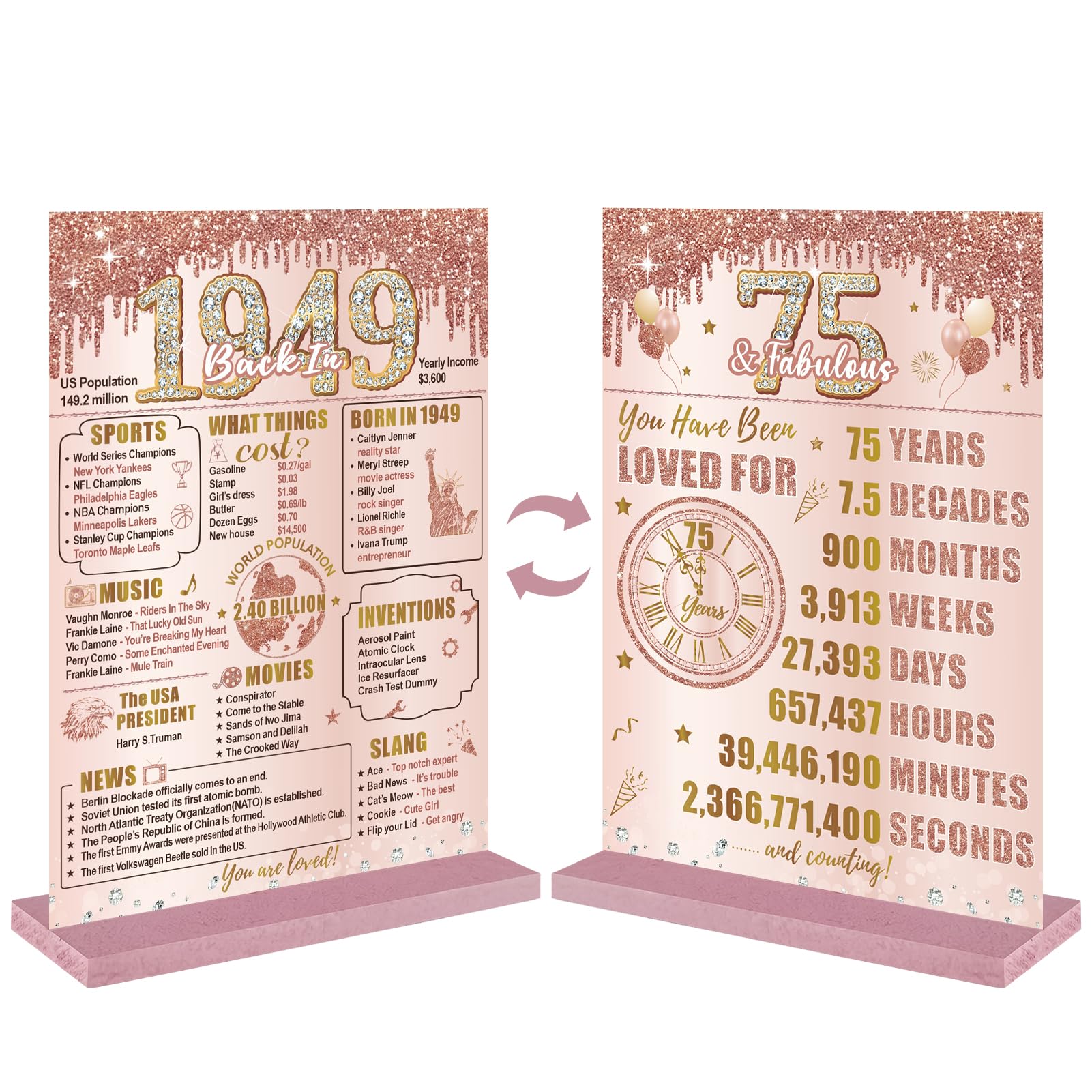 Bumqviy Happy 75th Birthday Decorations Back in 1949 Table Sign for Women, Pink Rose Gold 75 & Fabulous Birthday Two-Sided Wooden Poster with Stand, 75 Year Old Birthday Gift Party Supplies