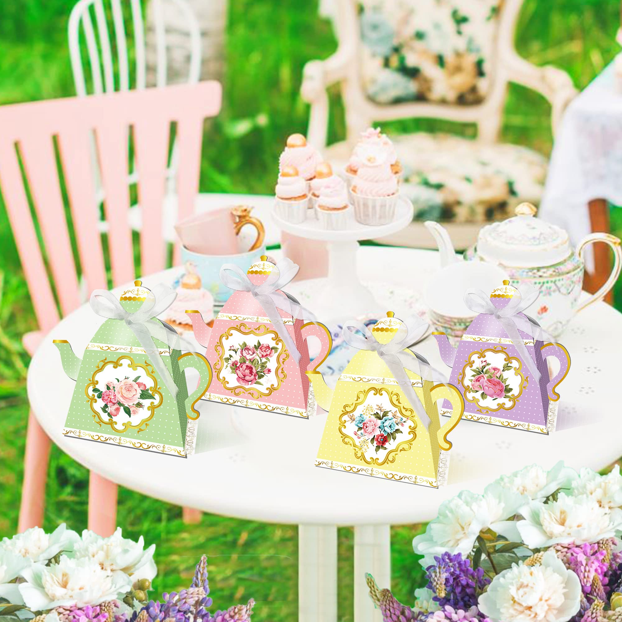 24 PCS Floral Tea Party Favor Bags Teapot Favor Boxes Tea Time Party Decorations for Birthday Wedding Bridal Baby Shower Tea Party