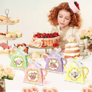 24 PCS Floral Tea Party Favor Bags Teapot Favor Boxes Tea Time Party Decorations for Birthday Wedding Bridal Baby Shower Tea Party