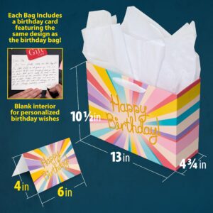 Large 13" Colorful Birthday Gift Bag Set - Gold Foil, Bag with Handles, Matching Tissue Paper & Cards. Reusable Ideal for Boys or Girls' Party & Special Occasion