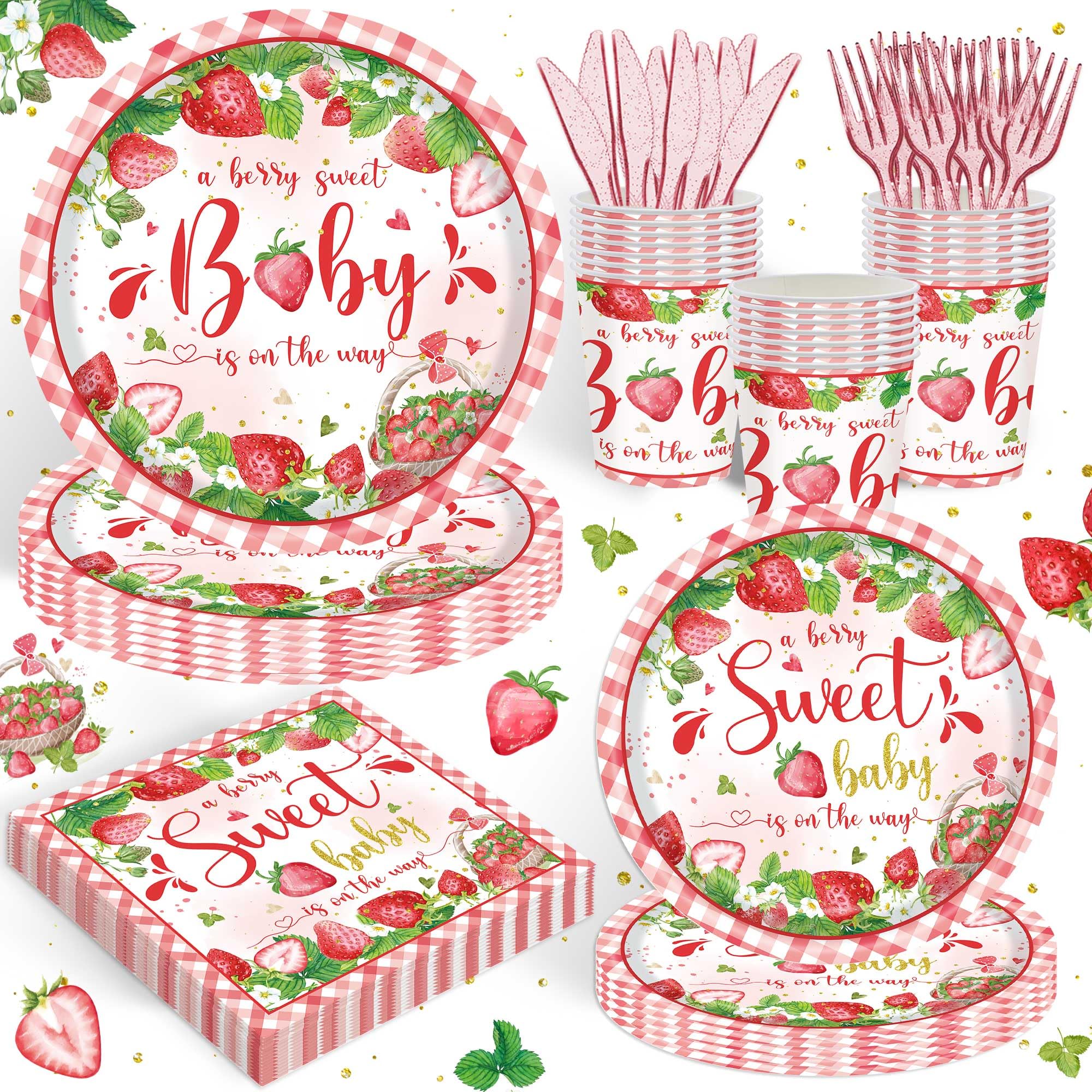 120PCS Strawberry Baby Shower Supplies for Girls A Berry Sweet Baby Pregnancy Party Decorations Disposable Dinnerware Set Paper Plates Napkins Cups Set for 20 Guests