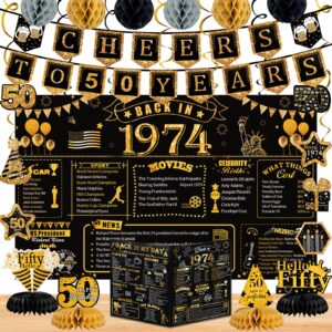 50th birthday decorations for men women: no-diy 20pcs black gold back in 1974 party decor for him her - vintage cheers to 50 years banner backdrop greeting card swirls honeycomb balls centerpieces