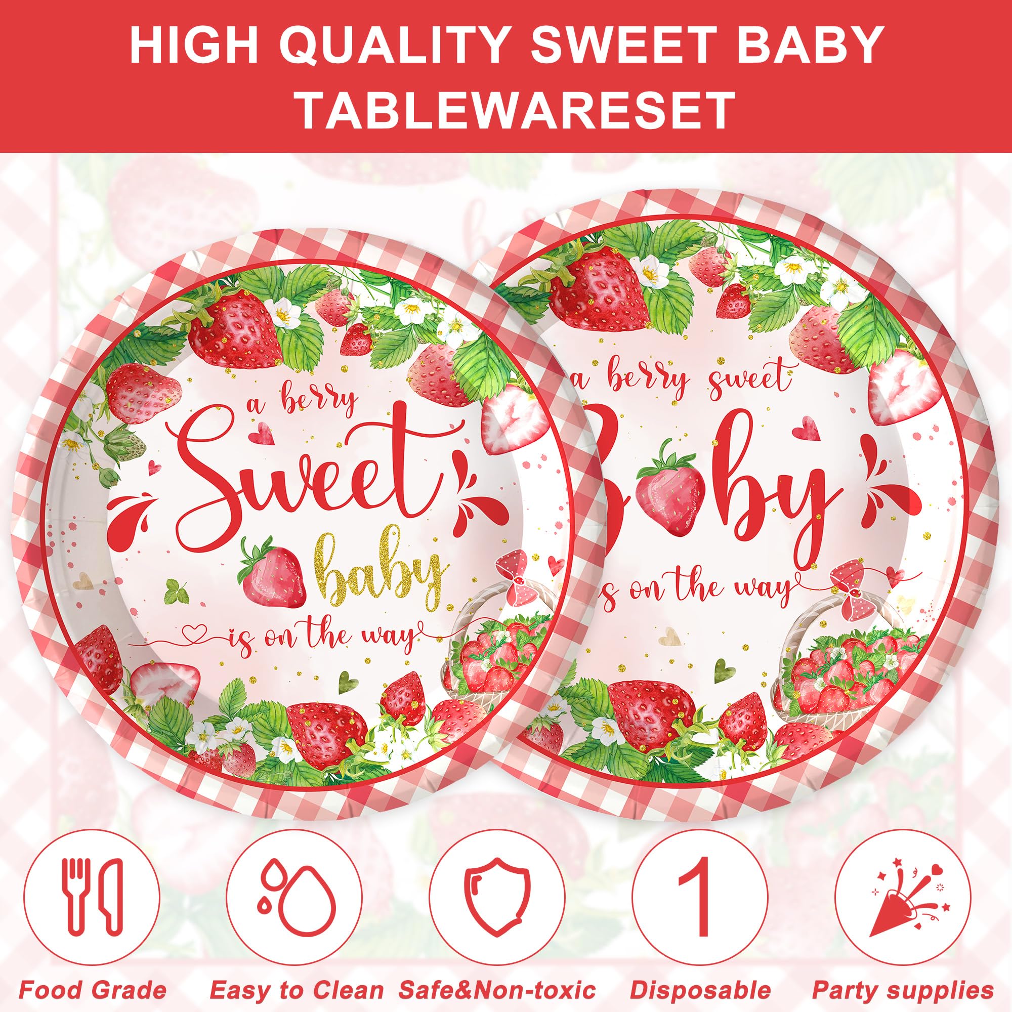 120PCS Strawberry Baby Shower Supplies for Girls A Berry Sweet Baby Pregnancy Party Decorations Disposable Dinnerware Set Paper Plates Napkins Cups Set for 20 Guests