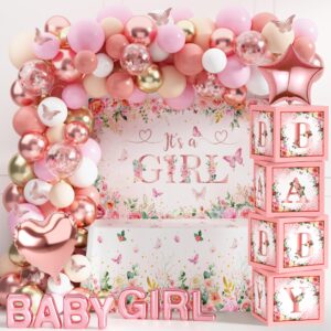 baby shower decoration for girl baby girl pink rose gold baby shower decoration floral gender reveal party supplies with it's a girl backdrop balloon arch baby box with letter butterfly sticker