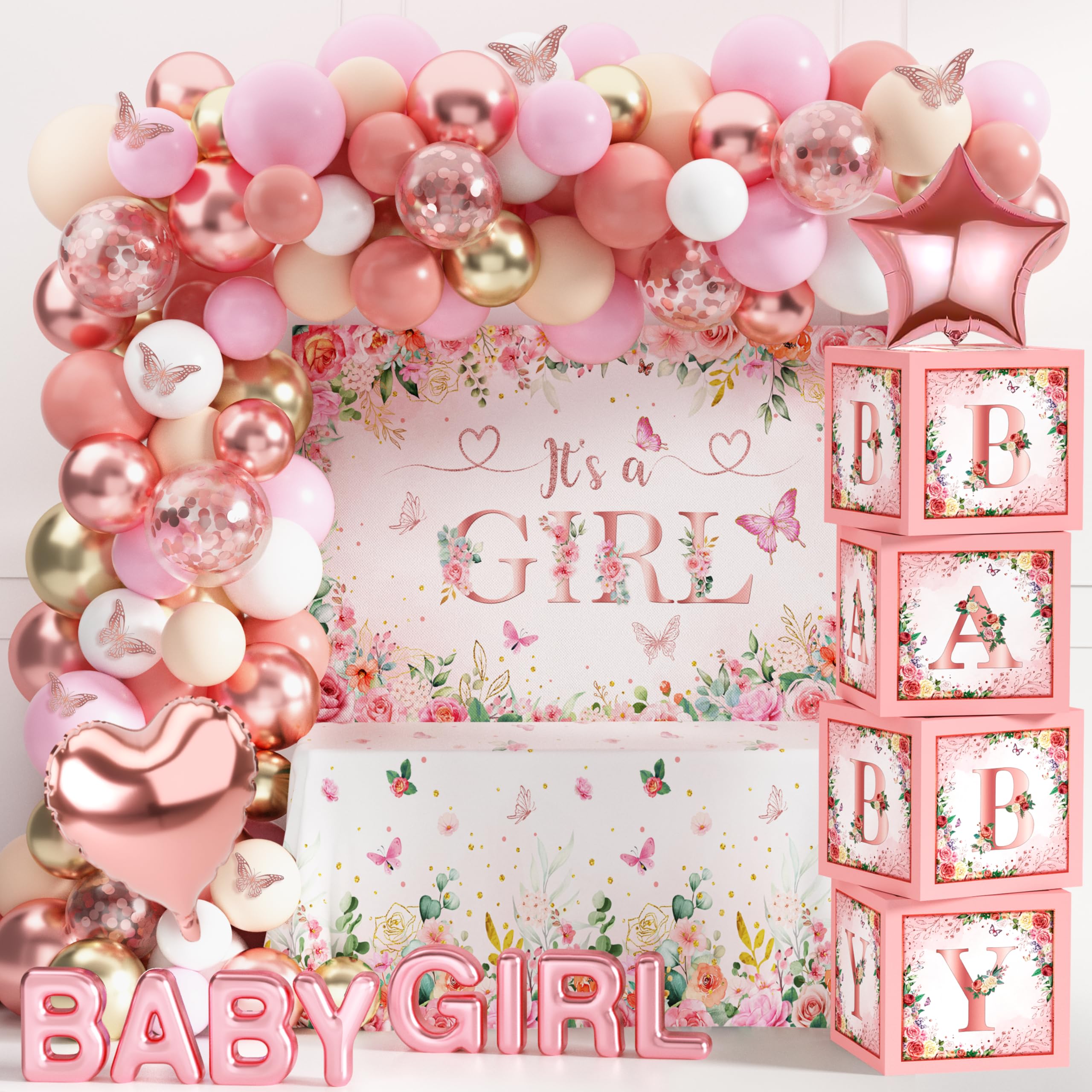 Baby Shower Decoration for Girl Baby Girl Pink Rose Gold Baby Shower Decoration Floral Gender Reveal Party Supplies with It's a Girl Backdrop Balloon Arch Baby Box with Letter Butterfly Sticker