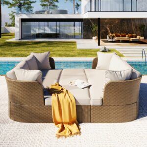 xd designs 5-piece outdoor patio daybed convertible sofa set, all-weather pe wicker conversation set with washable cushions and liftable coffee table for garden backyard poolside (beige+hd)