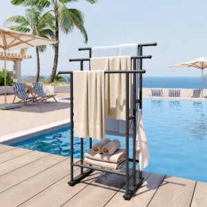 elyken 3 tier standing towel rack, 40'' tall towel drying rack outdoor, freestanding floor towel rack with shelf, pool towel blanket stand, metal towel racks for bathroom freestanding, matte black