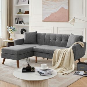 Tbfit 80" W L Shaped Couch with Two Pillows, Mid-Century Modern Couches with Wooden Legs, L Shaped Sofa with Wide Lounge for Small Space, Button Tufted Gray Couch for Living Room and Bedroom, Gray