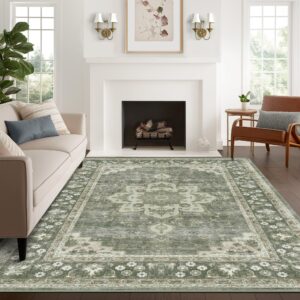 Poeti Washable Rug, Ultra Thin 4x6 Rug - Non Slip Carpet - Small Area Rugs for Living Room Entryway Rug - Vintage Floral Rug, Green Rug