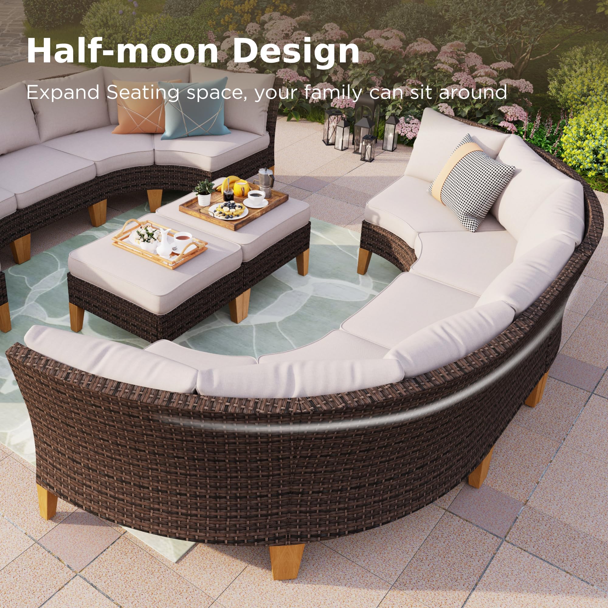 PHI VILLA 8-Piece Outdoor Furniture Wicker Set with 56" Gas Fire Pit Table Half-Moon Curved Patio Conversation Waterproof Rattan Sofa with Ottoman, Beige