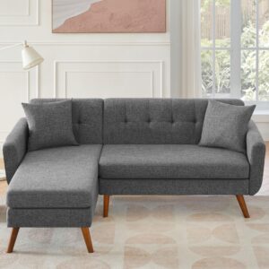 Tbfit 80" W L Shaped Couch with Two Pillows, Mid-Century Modern Couches with Wooden Legs, L Shaped Sofa with Wide Lounge for Small Space, Button Tufted Gray Couch for Living Room and Bedroom, Gray