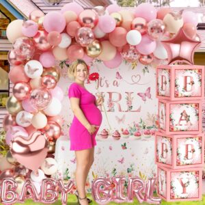 Baby Shower Decoration for Girl Baby Girl Pink Rose Gold Baby Shower Decoration Floral Gender Reveal Party Supplies with It's a Girl Backdrop Balloon Arch Baby Box with Letter Butterfly Sticker