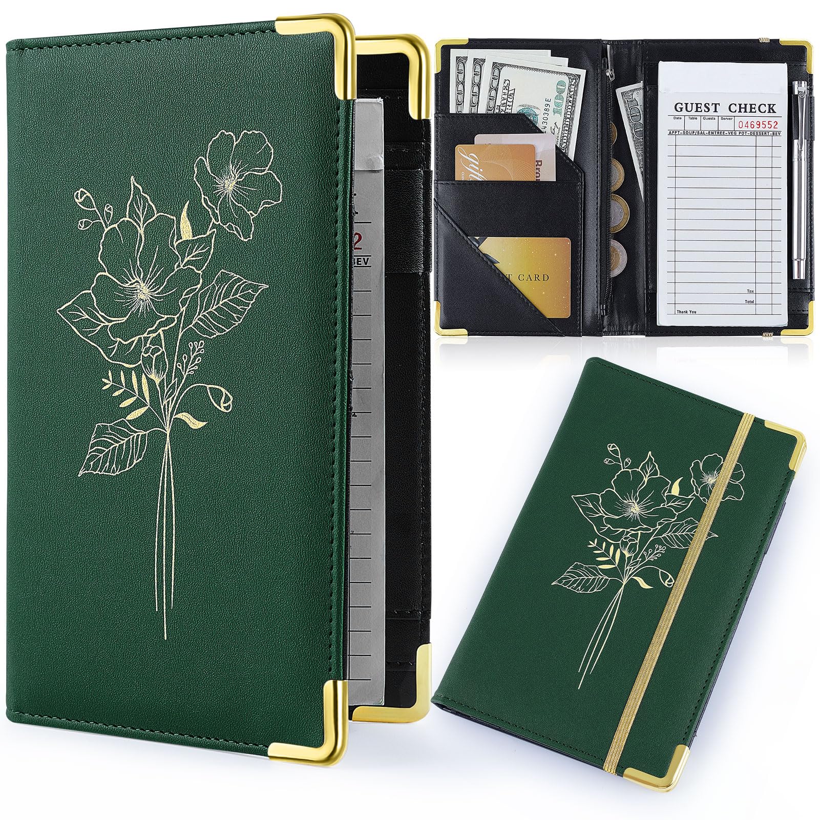 Lemmeko Server Books for Waitress, PU Leather Server Book with Zipper Pockets, Flower Pattern Waitress Book with Pen Holder Fit Server Apron Check Presenters for Restaurants