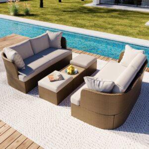 XD Designs 5-Piece Outdoor Patio Daybed Convertible Sofa Set, All-Weather PE Wicker Conversation Set with Washable Cushions and Liftable Coffee Table for Garden Backyard Poolside (Beige+HD)