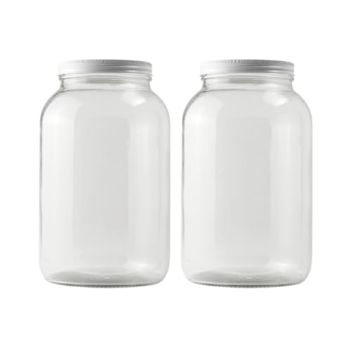 FastRack - Pack of 2 One Gallon Wide Mouth Jars with White METAL Airtight Lids, 2 Glass Jars with 2 Fermentation Lids, Ideal Glass Jars with Lid for brewing, fermentation and pickling