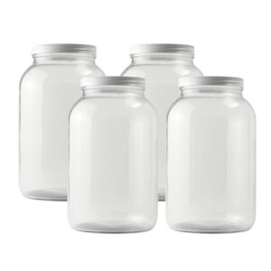 fastrack - pack of 4 one gallon wide mouth jar with white metal airtight lid, 4 glass jars with 4 fermentation lids, ideal glass jars with lid for brewing, fermentation and pickling