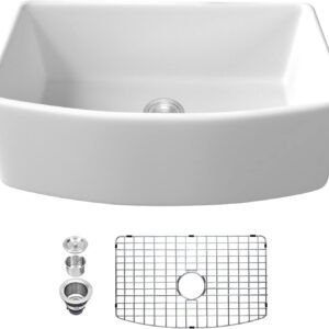 Lordear 30 White Farm Sink 30 inch Farmhouse Sink White Fireclay Ceramic Porcelain Curved Apron Front Single Bowl Farm Kitchen Sink Basin