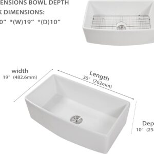 Lordear 30 White Farm Sink 30 inch Farmhouse Sink White Fireclay Ceramic Porcelain Curved Apron Front Single Bowl Farm Kitchen Sink Basin