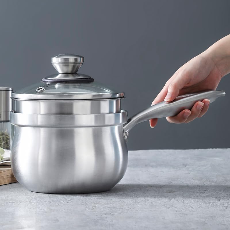 Tri-Ply Whole-Clad Stainless Steel Saucepan with Steamer,1.5 Qt Small Multipurpose Pot, Milk Pot,1.5 Quart Sauce Pan with Steamer for Cooking with Stay-cool Handle.