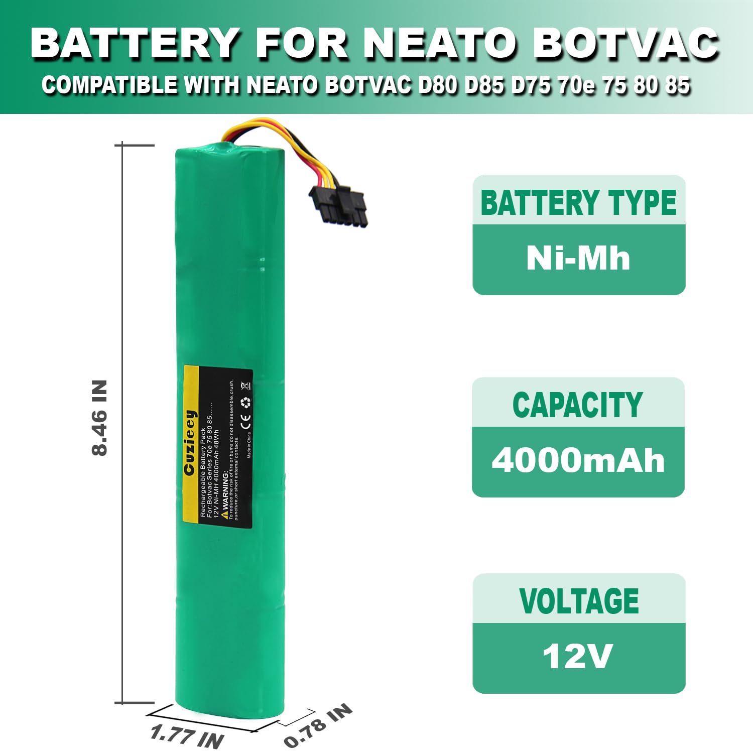 Cuzieey Battery for Neato Botvac D Series: Replacement Battery for Neato Robot Vacuum D80 D85 D75 70e 75 80 85 - Ni-Mh Battery for Neato 945-0129 945-0174 12V 4000mAh (D75)