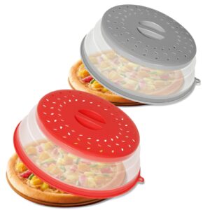 casaculina 2 pack collapsible microwave splatter cover, vented microwave lid with hook hole, splatter guard for plate dish bowl, vegetable fruit colander multi-function kitchen gadget(grey & red)