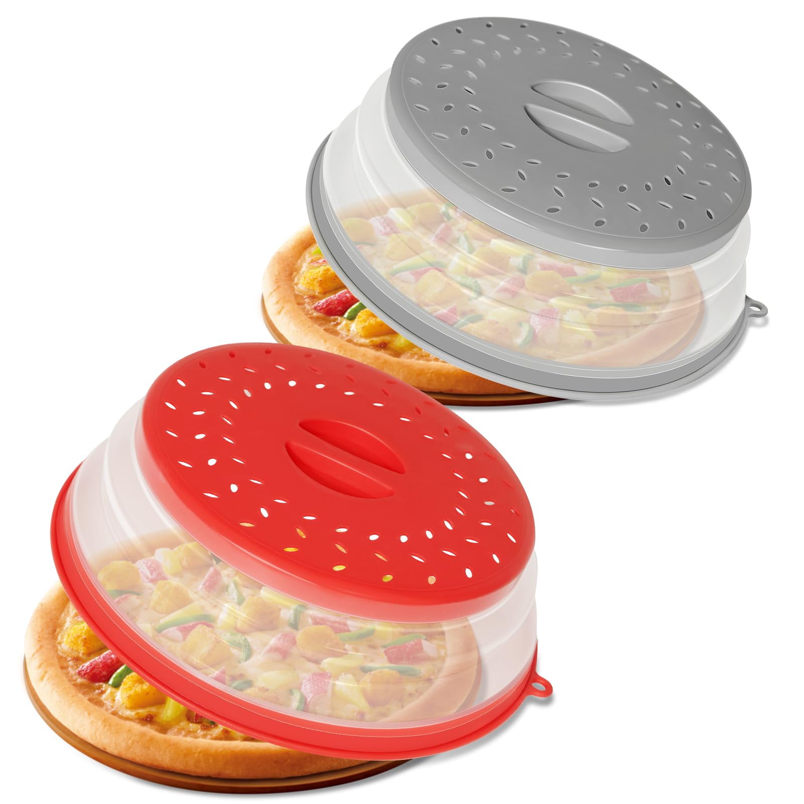 CasaCulina 2 Pack Collapsible Microwave Splatter Cover, Vented Microwave Lid with Hook Hole, Splatter Guard for Plate Dish Bowl, Vegetable Fruit Colander Multi-function Kitchen Gadget(Grey & Red)