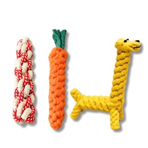 wfist dog rope toy set for small to medium aggressive chewers, set of 3 includes carrot, corn and giraffe, 100% cotton dental cleaning chew toys