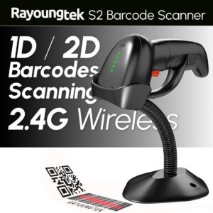 Rayoungtek Wireless 1D/2D QR Code Barcode Scanner, Automatic Scanning with Stand, 2.4G Wireless and Wired Bar Code Reader Handheld Battery-Powered Barcode Scanner