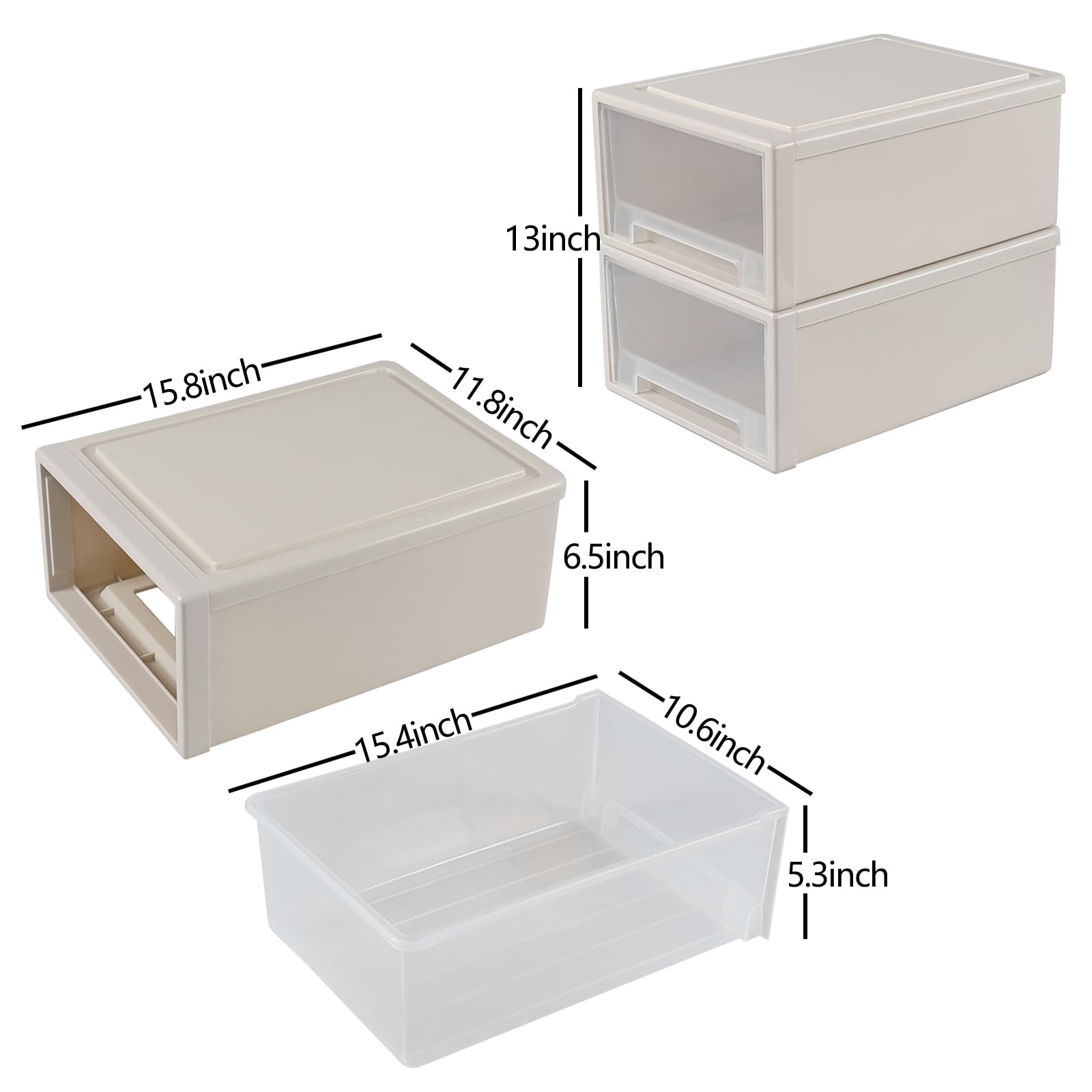 Jnktka 17.8 Quart Desktop Stackable Storage Drawers, 2 Pack Plastic Drawer Boxes, Beige